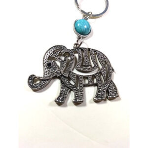 Elephant Keychain Cut Outs Blue Green Stone Silver Tone Purse Luggage Clip